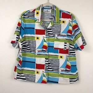 VTG Erin London Nautical Sailboat‎ Flags Button Down Shirt - Petite Large